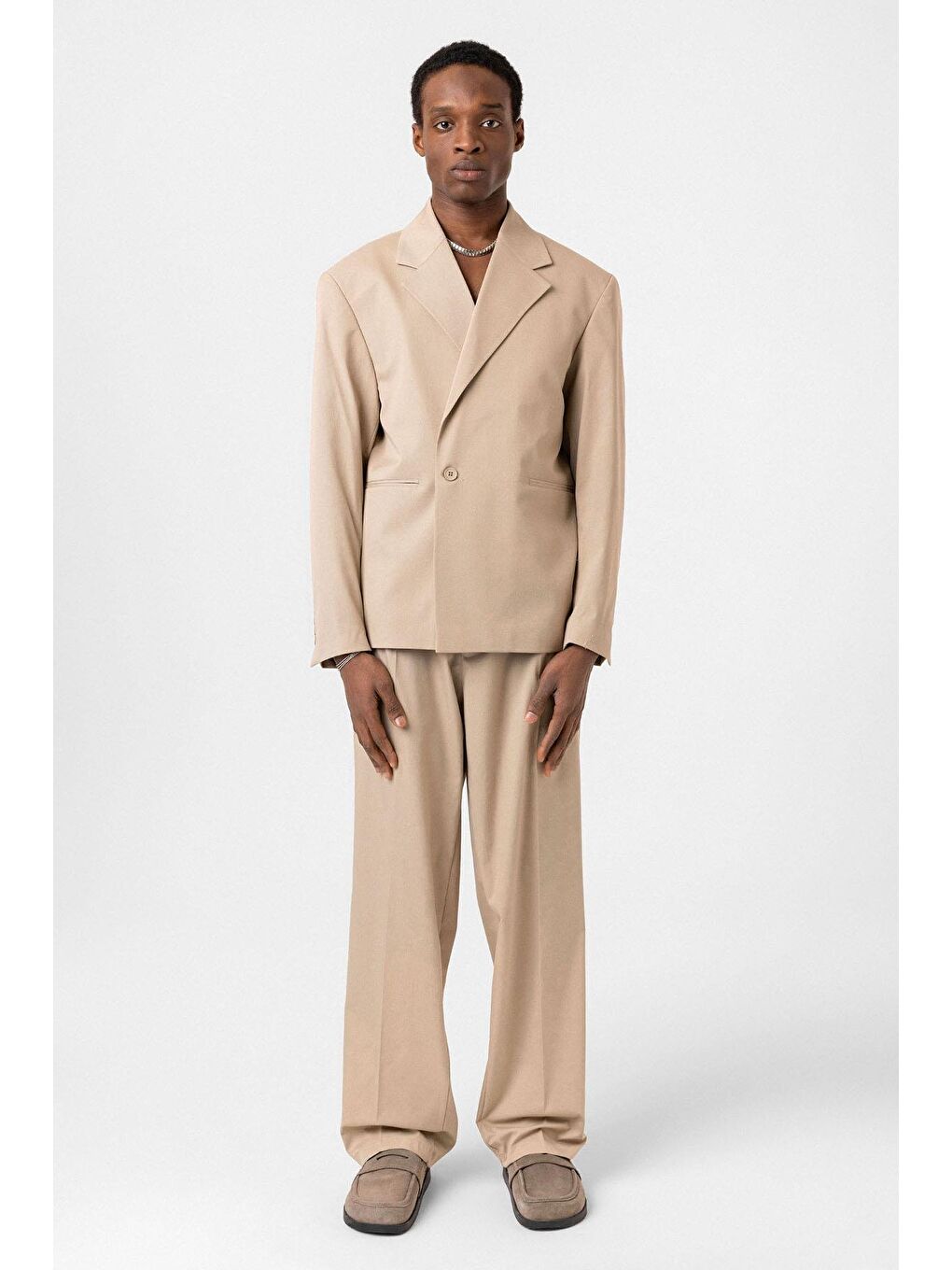 Tek Düğme Oversize Takım Elbise Bej-2