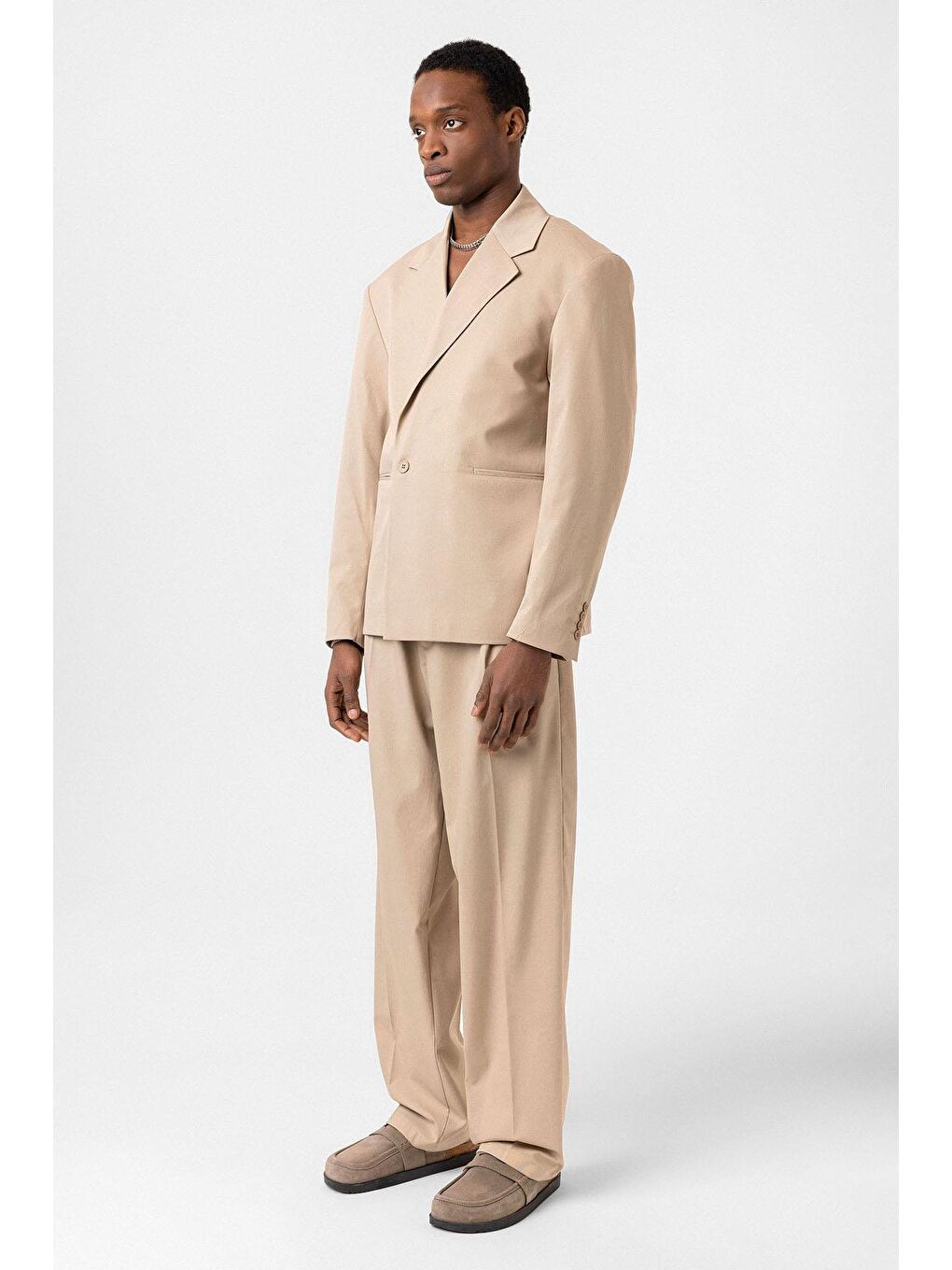 Tek Düğme Oversize Takım Elbise Bej-3