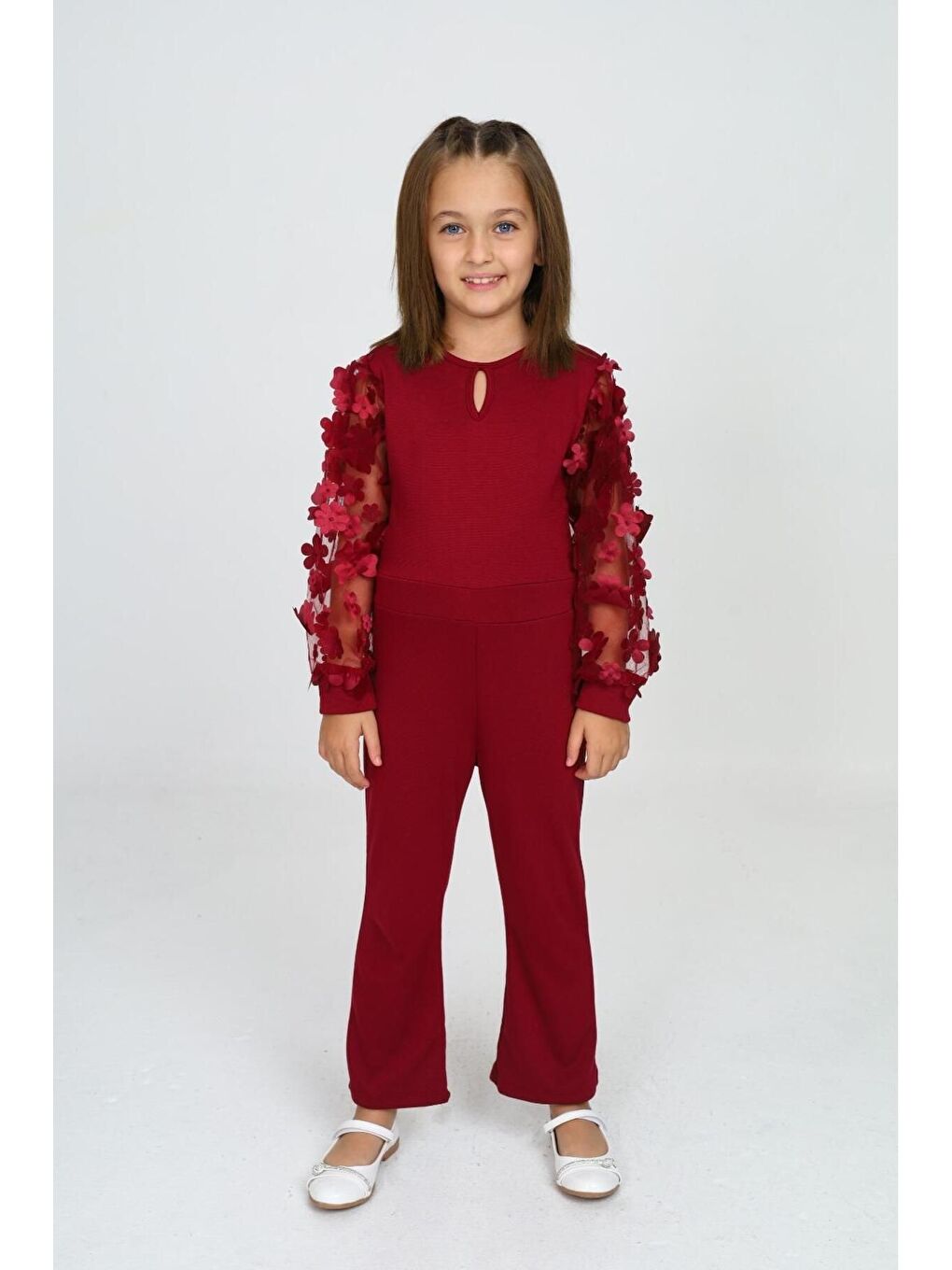 Bordo Tül Kol Detaylı Tulum Gece Ve Parti Kıyafeti-1