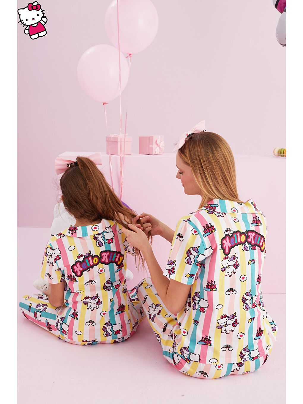 Karışık Hello Kitty Lisanslı %100 Pamuk Çok Renkli Düğmeli Pijama Takım