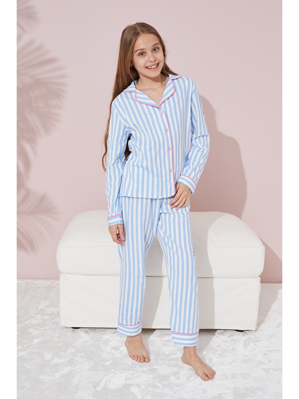 Karışık Mavi Beyaz Çizgili Düğmeli Biyeli Örme Pijama Takım-2