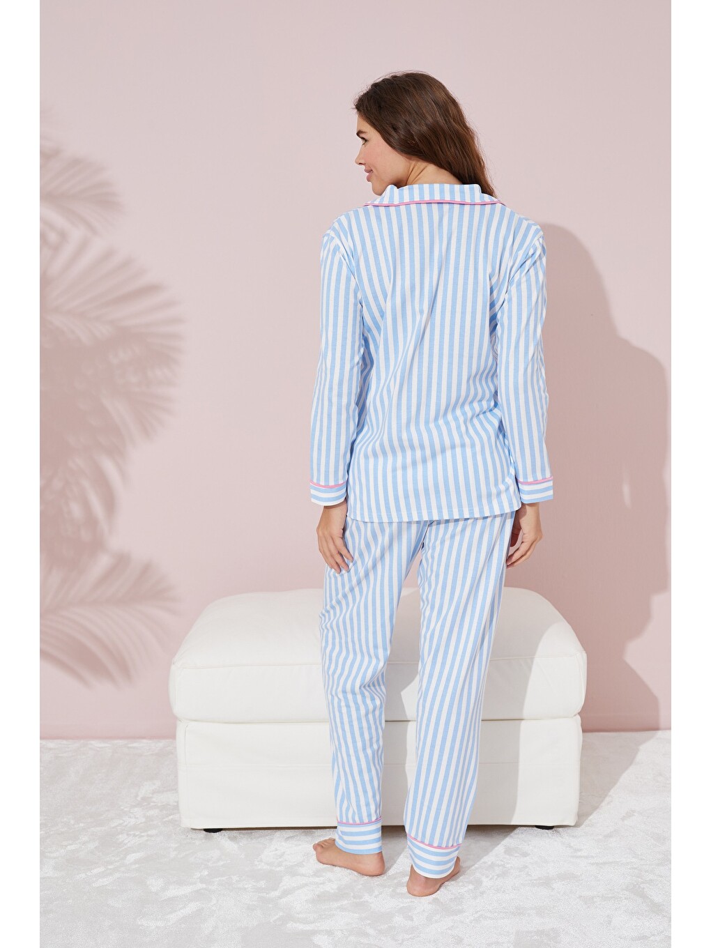Karışık Mavi Beyaz Çizgili Düğmeli Biyeli Örme Pijama Takım-3