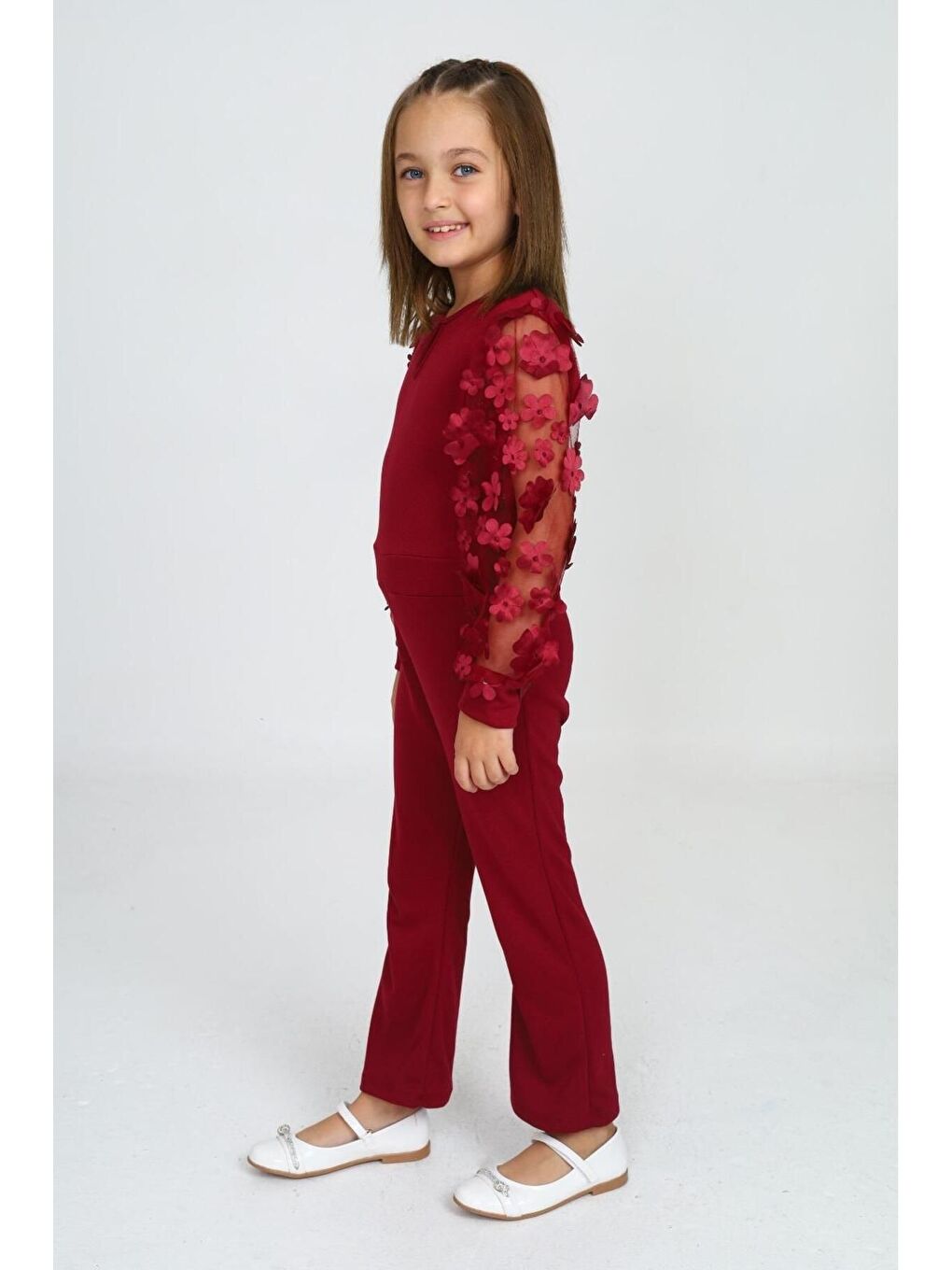 Bordo Tül Kol Detaylı Tulum Gece Ve Parti Kıyafeti-2