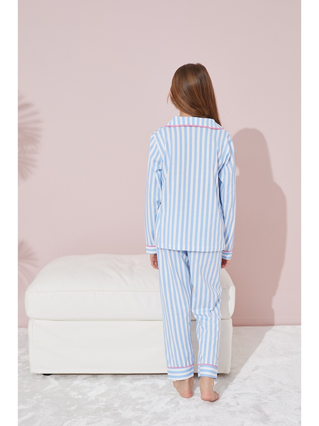 Karışık Mavi Beyaz Çizgili Düğmeli Biyeli Örme Pijama Takım-4