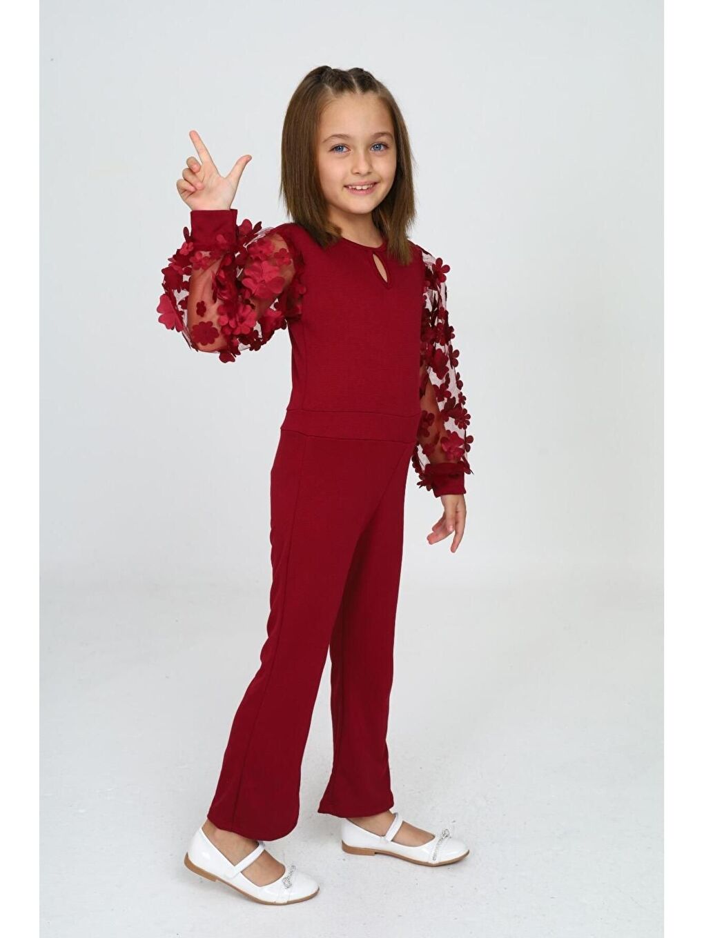 Bordo Tül Kol Detaylı Tulum Gece Ve Parti Kıyafeti-3