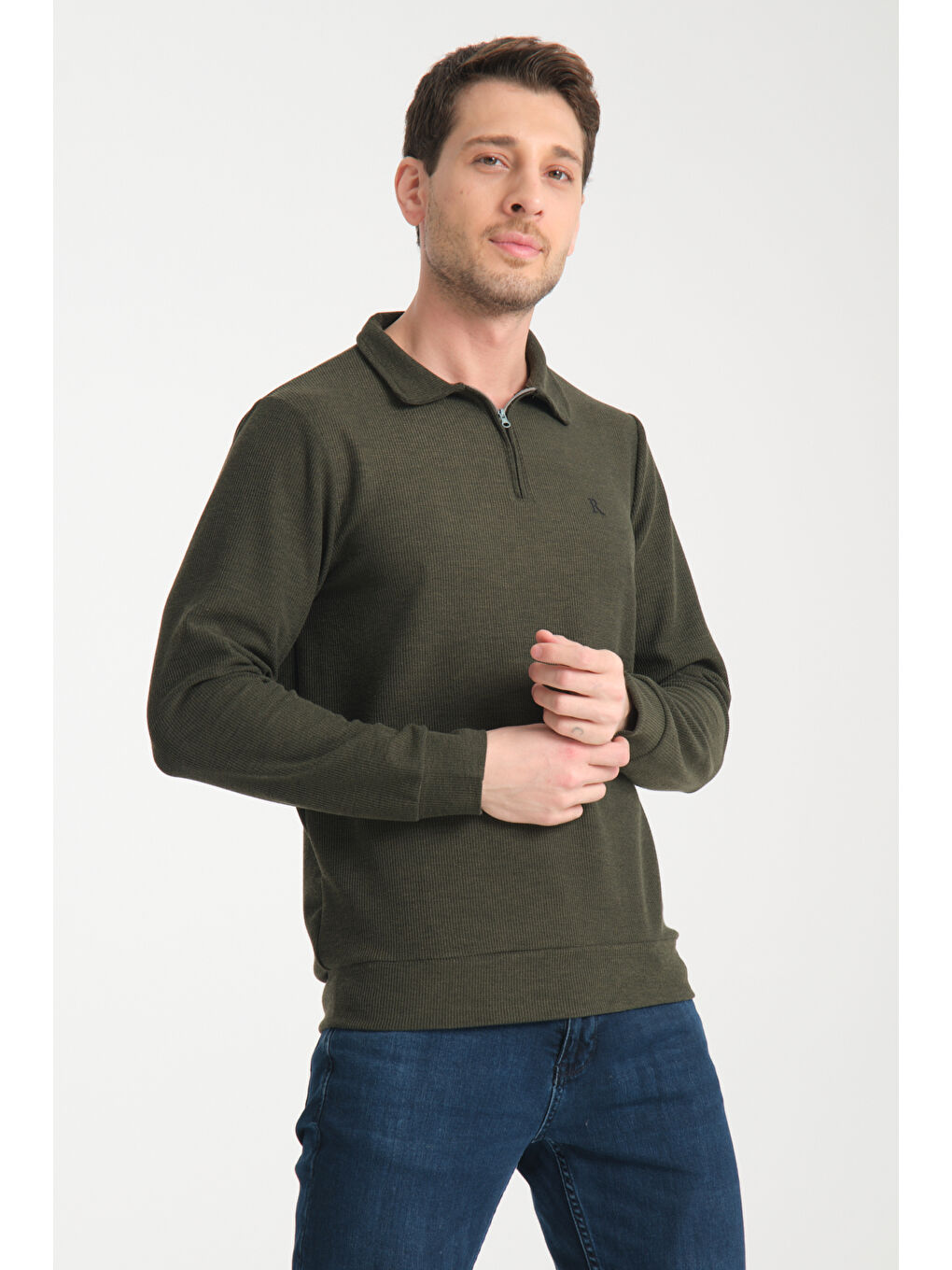 Haki Erkek Yarım Fermuarlı Uzun Kol Sweatshirt 7702-1