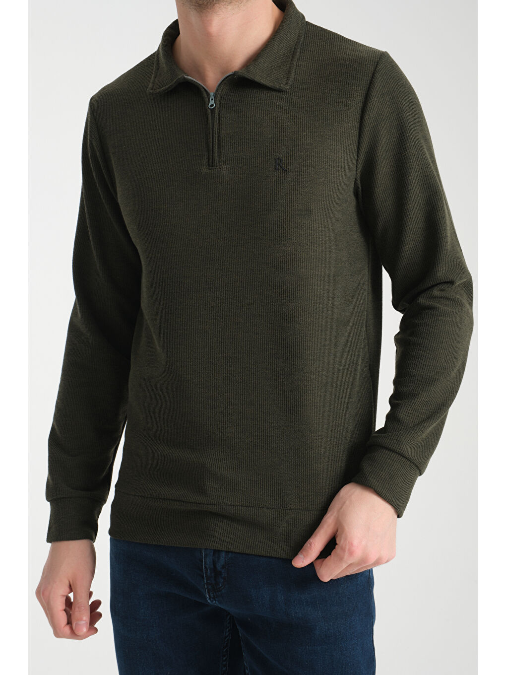 Haki Erkek Yarım Fermuarlı Uzun Kol Sweatshirt 7702-2