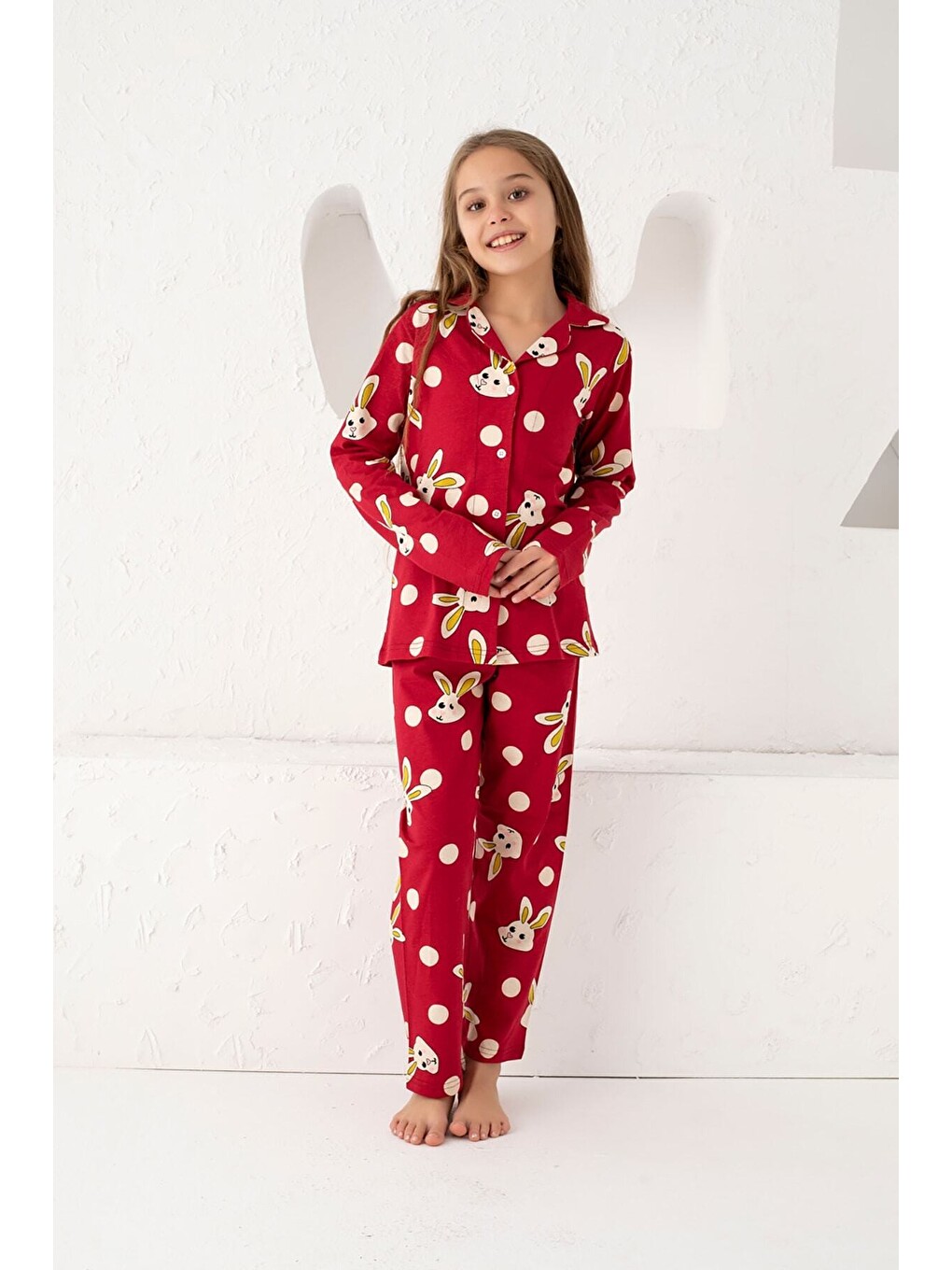 Bordo Pamuklu Düğmeli Pijama Takım-1