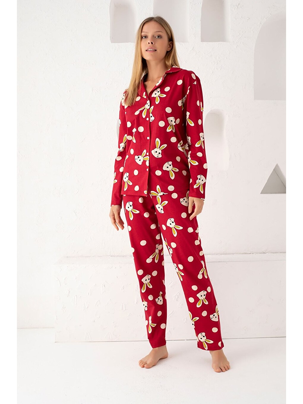Bordo Pamuklu Düğmeli Pijama Takım-2