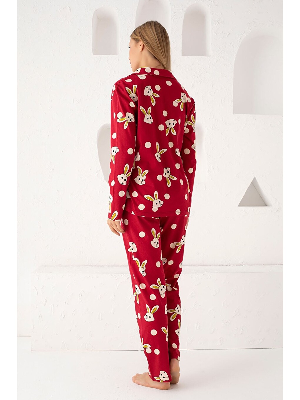 Bordo Pamuklu Düğmeli Pijama Takım-3