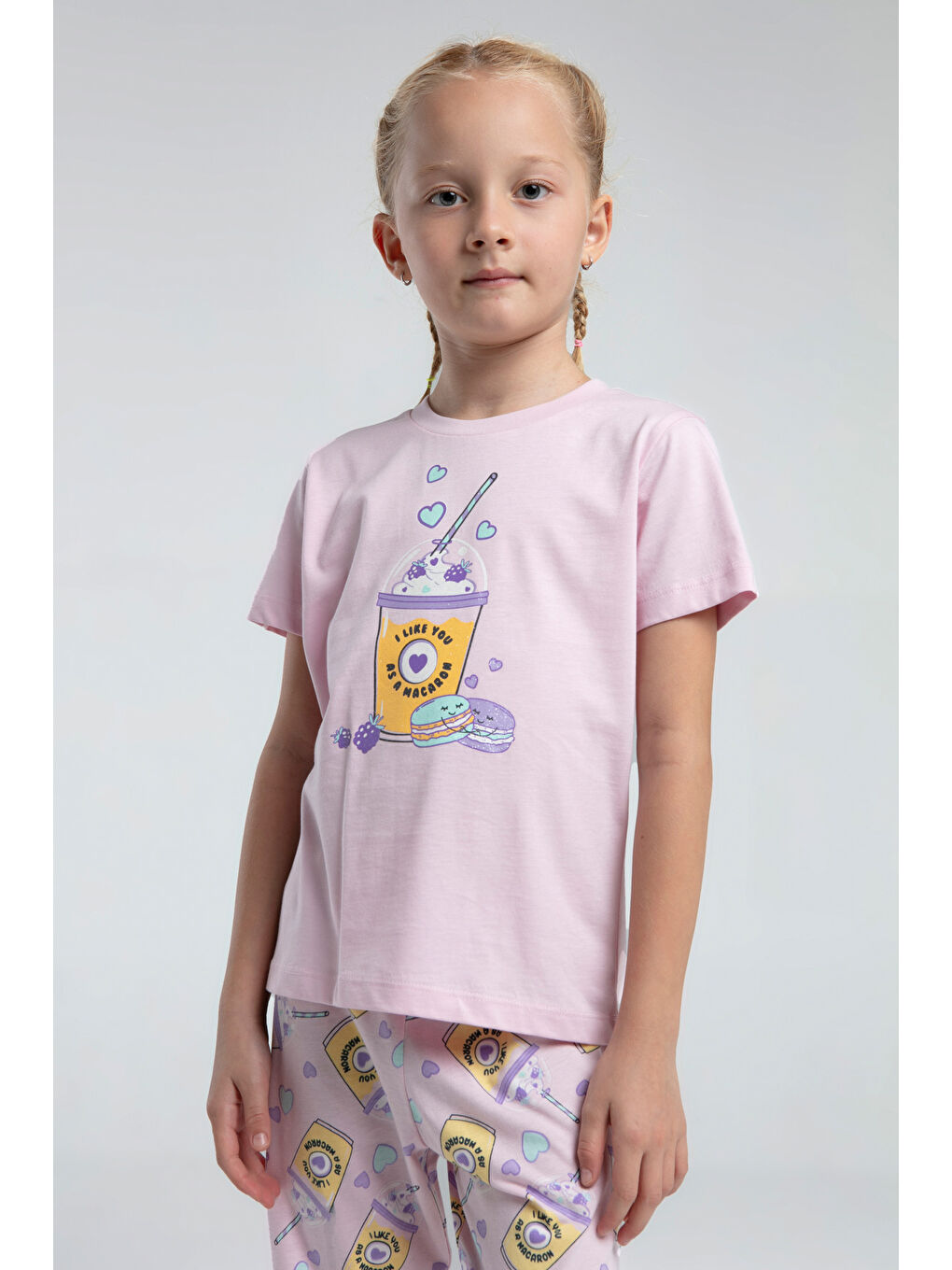 Pembe Kız Çocuk Komple Baskılı Pijama Takım-1
