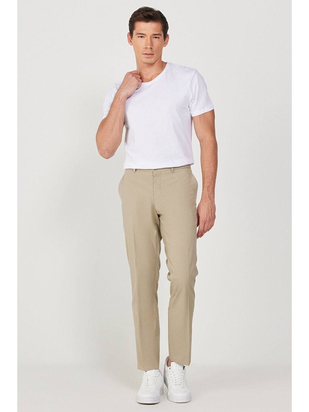 Erkek Bej Slim Fit Dar Kesim Yan Cepli Esnek Pantolon-1