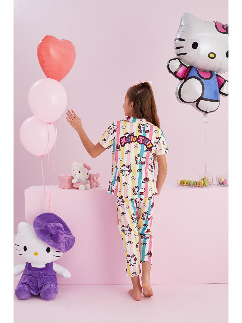 Karışık Hello Kitty Lisanslı %100 Pamuk Çok Renkli Düğmeli Pijama Takım-2