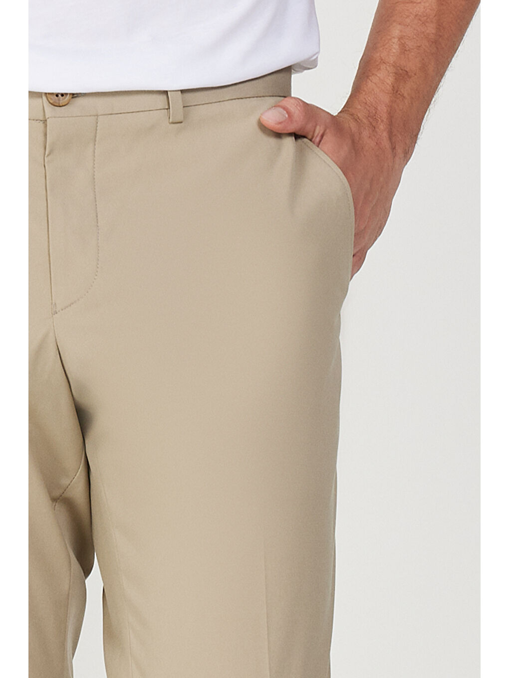 Erkek Bej Slim Fit Dar Kesim Yan Cepli Esnek Pantolon-3