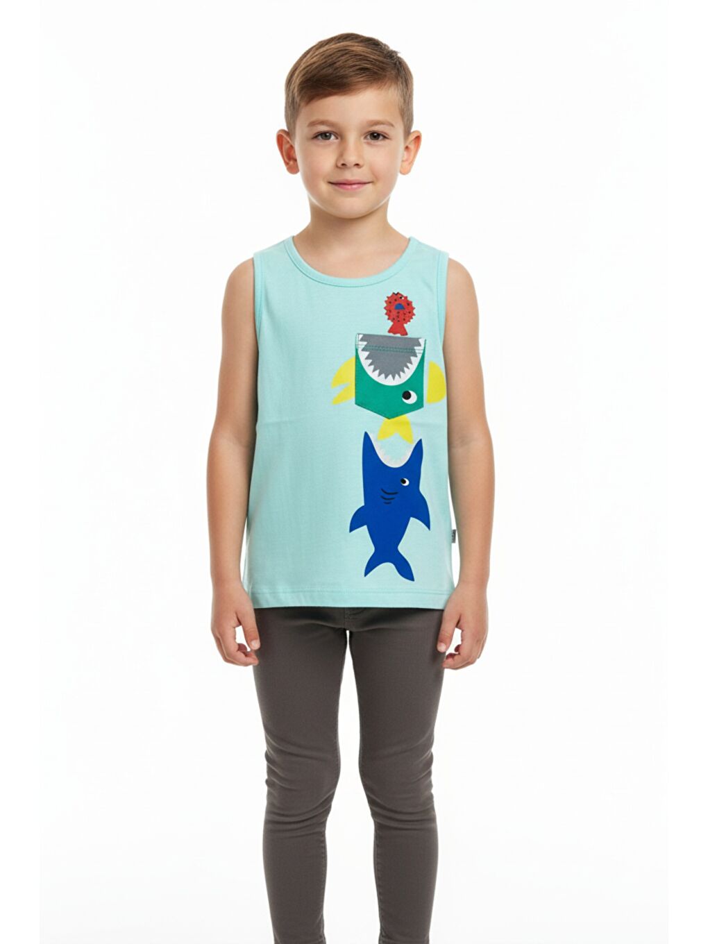 Yeşil Erkek Çocuk Cepli Balık Baskılı Atlet