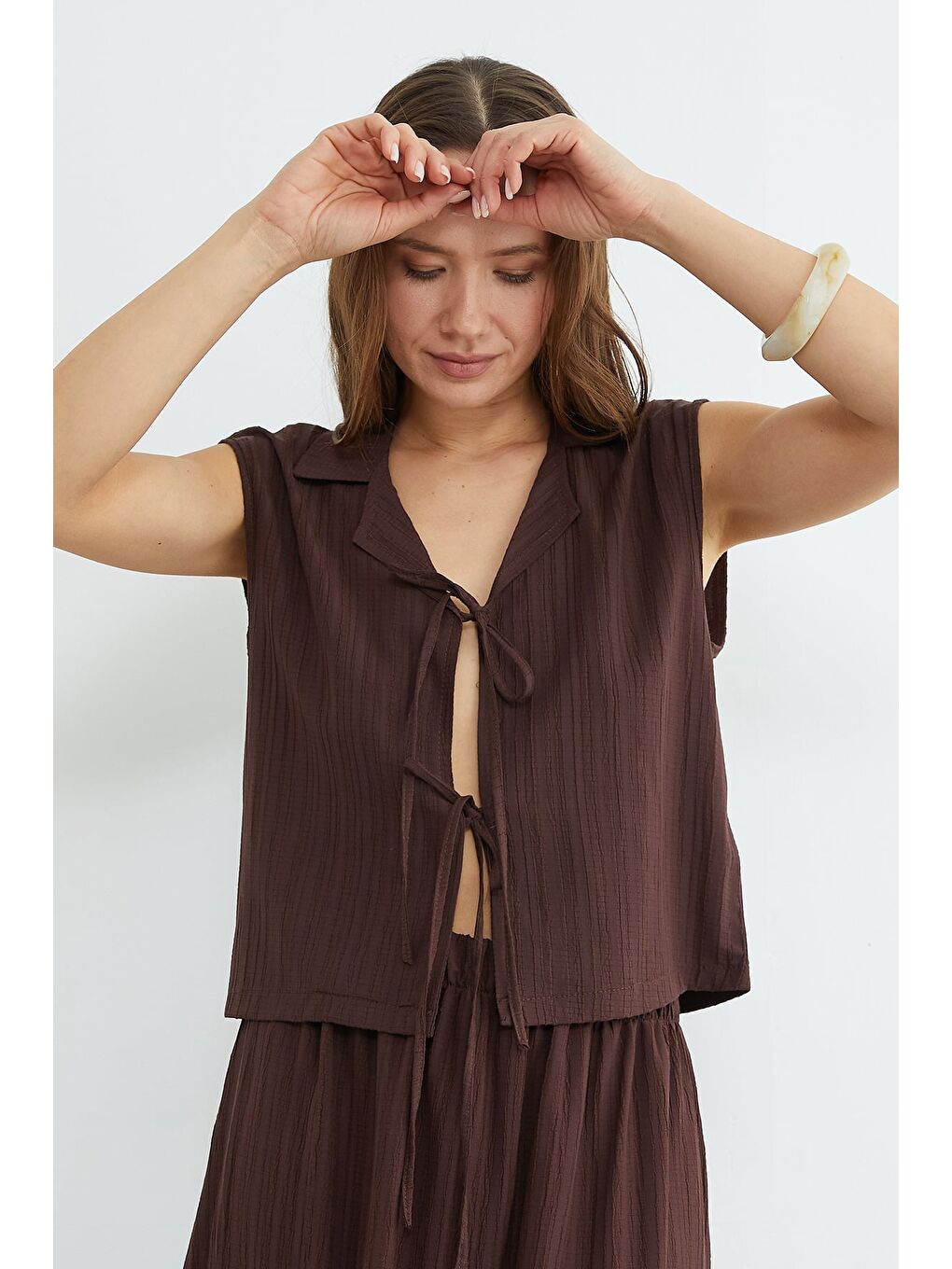 Kahverengi Önü Bağlamalı Jakarlı Etekli 2 Li Takım-4