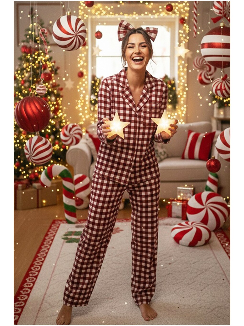 Karışık Bordo Ekose Desenli Örme Cep Detaylı Düğmeli Pamuklu Pijama Takım7611-1