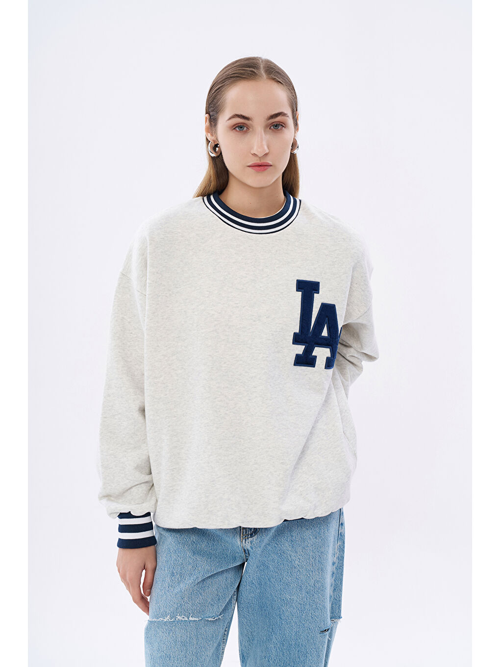 QUZU Biye Detaylı Baskılı Oversize Sweatshirt Gri