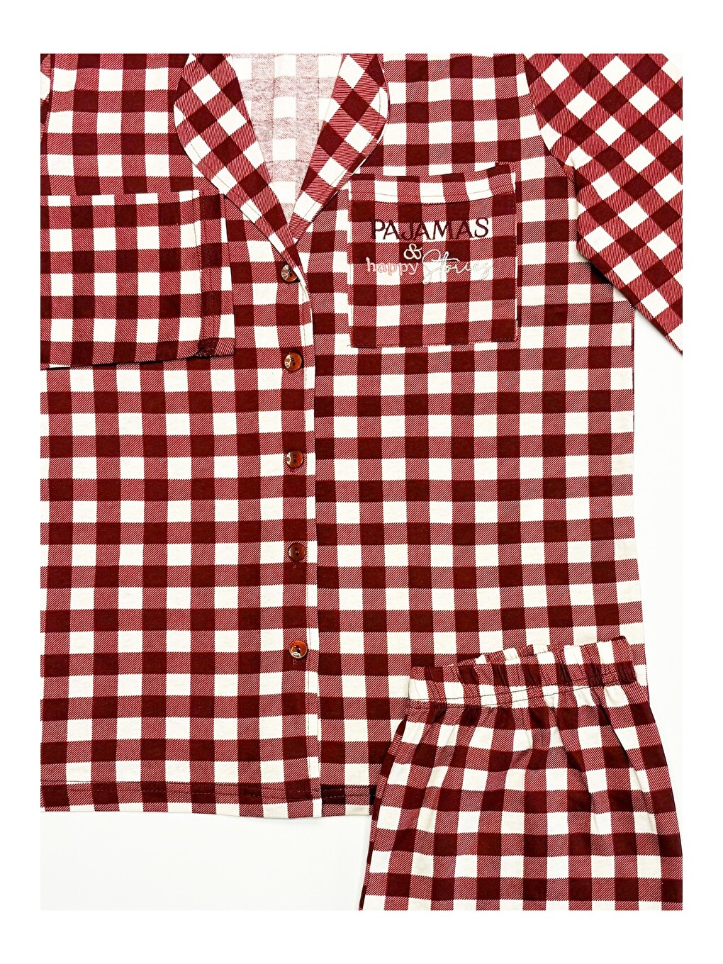 Karışık Bordo Ekose Desenli Örme Cep Detaylı Düğmeli Pamuklu Pijama Takım7611-2