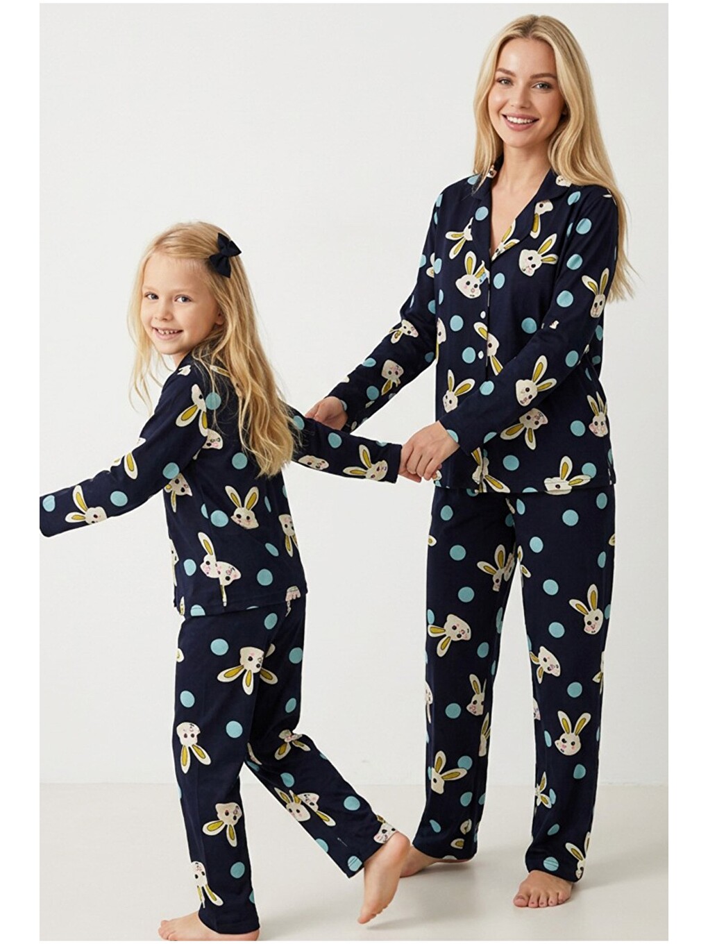 Lacivert Pamuklu Düğmeli Pijama Takım-1