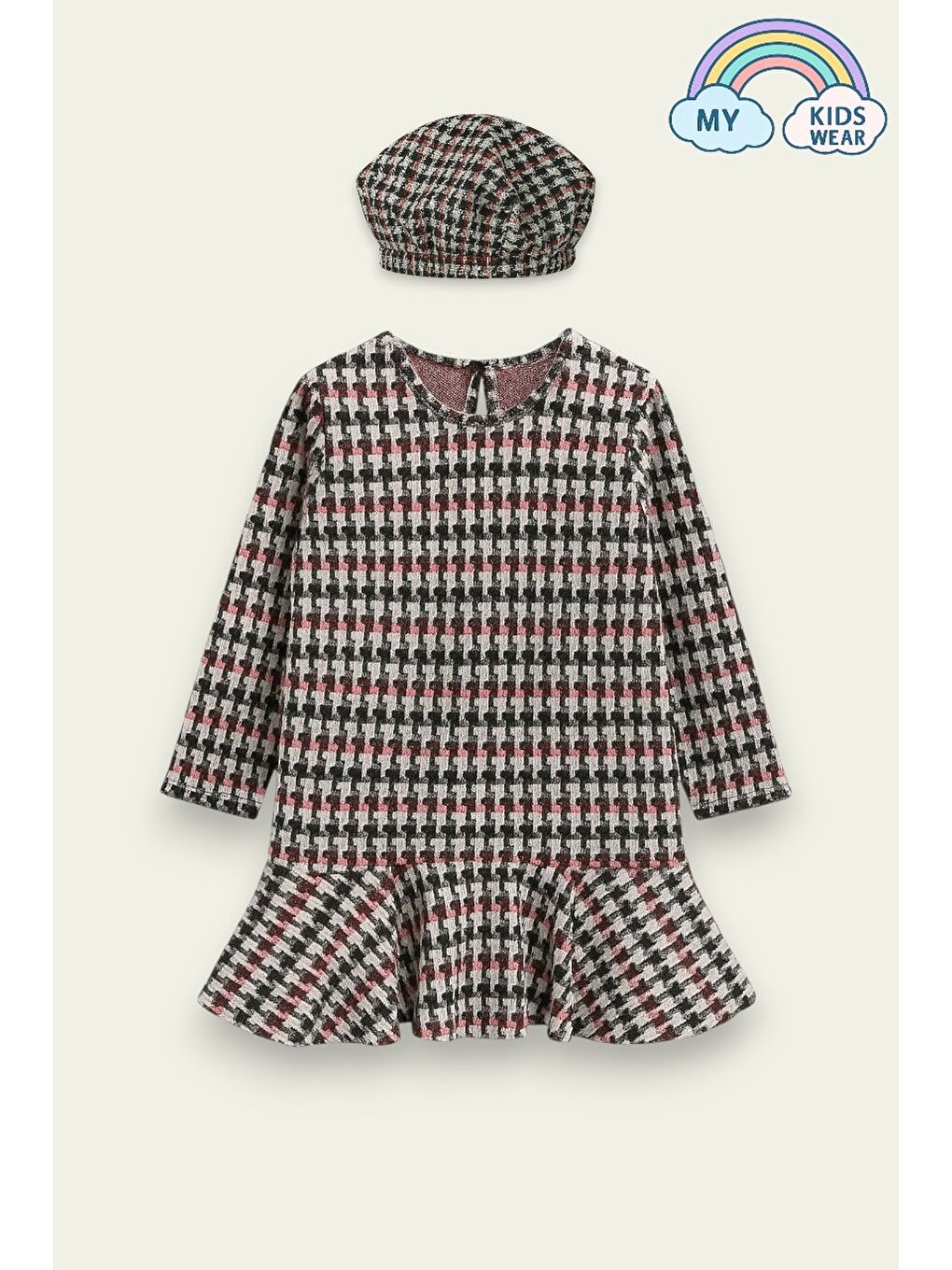 Siyah Kız Çocuk Desenli Kışlık Elbise ve Şapka Takım 3-12 Yaş 12262