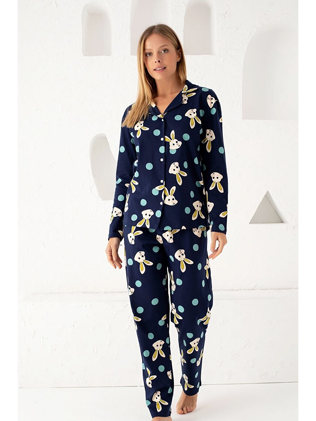 Lacivert Pamuklu Düğmeli Pijama Takım-2