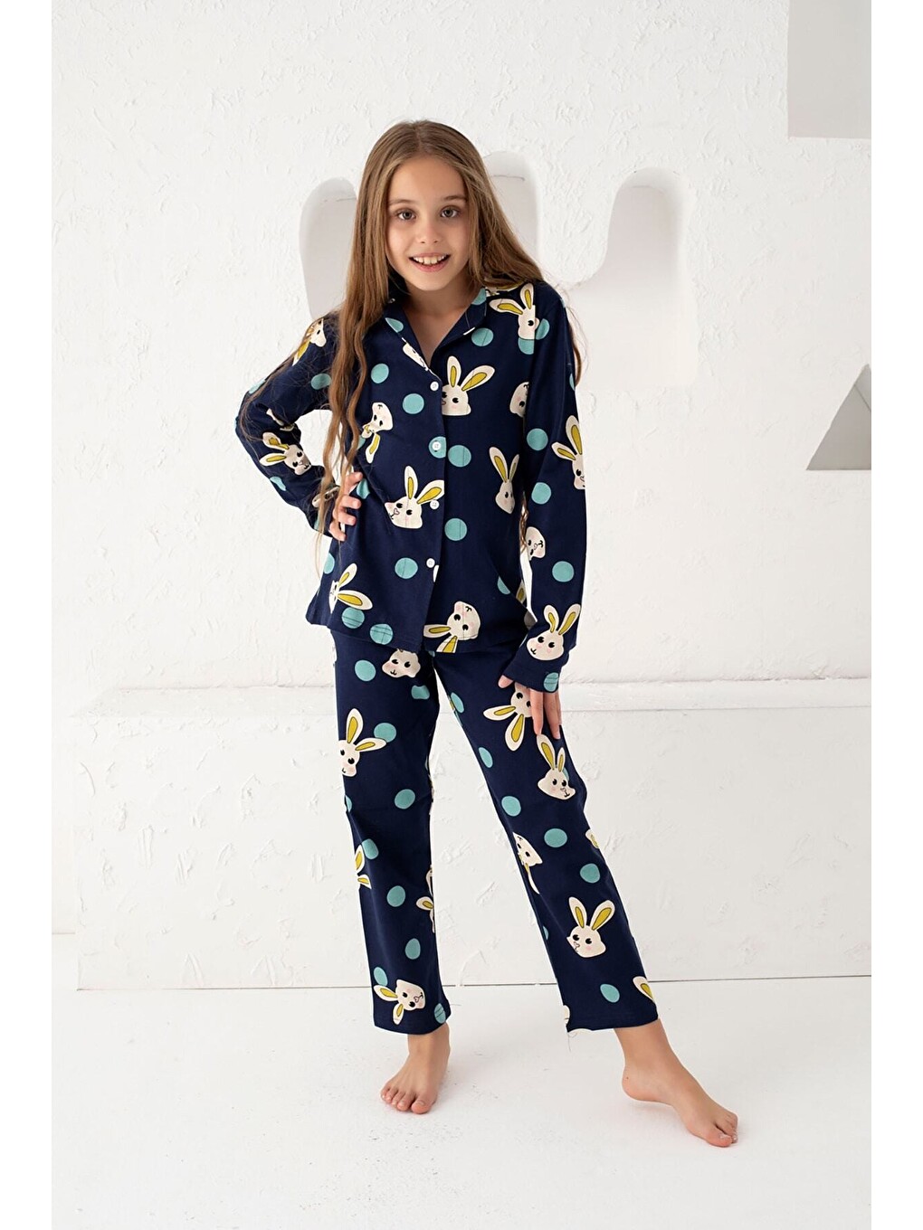 Lacivert Pamuklu Düğmeli Pijama Takım-3