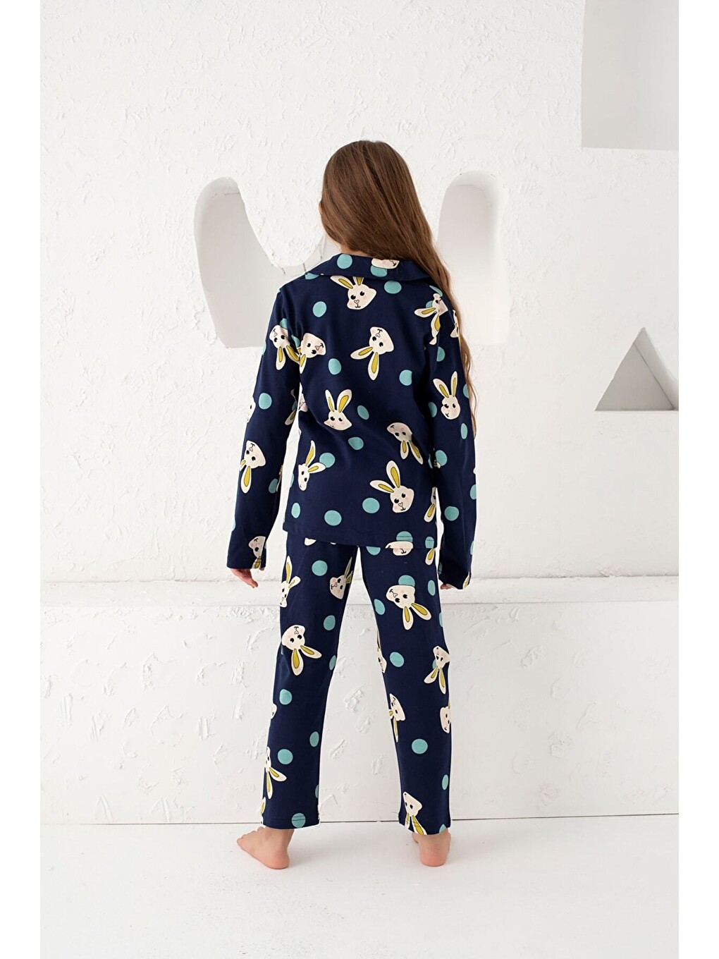 Lacivert Pamuklu Düğmeli Pijama Takım-4