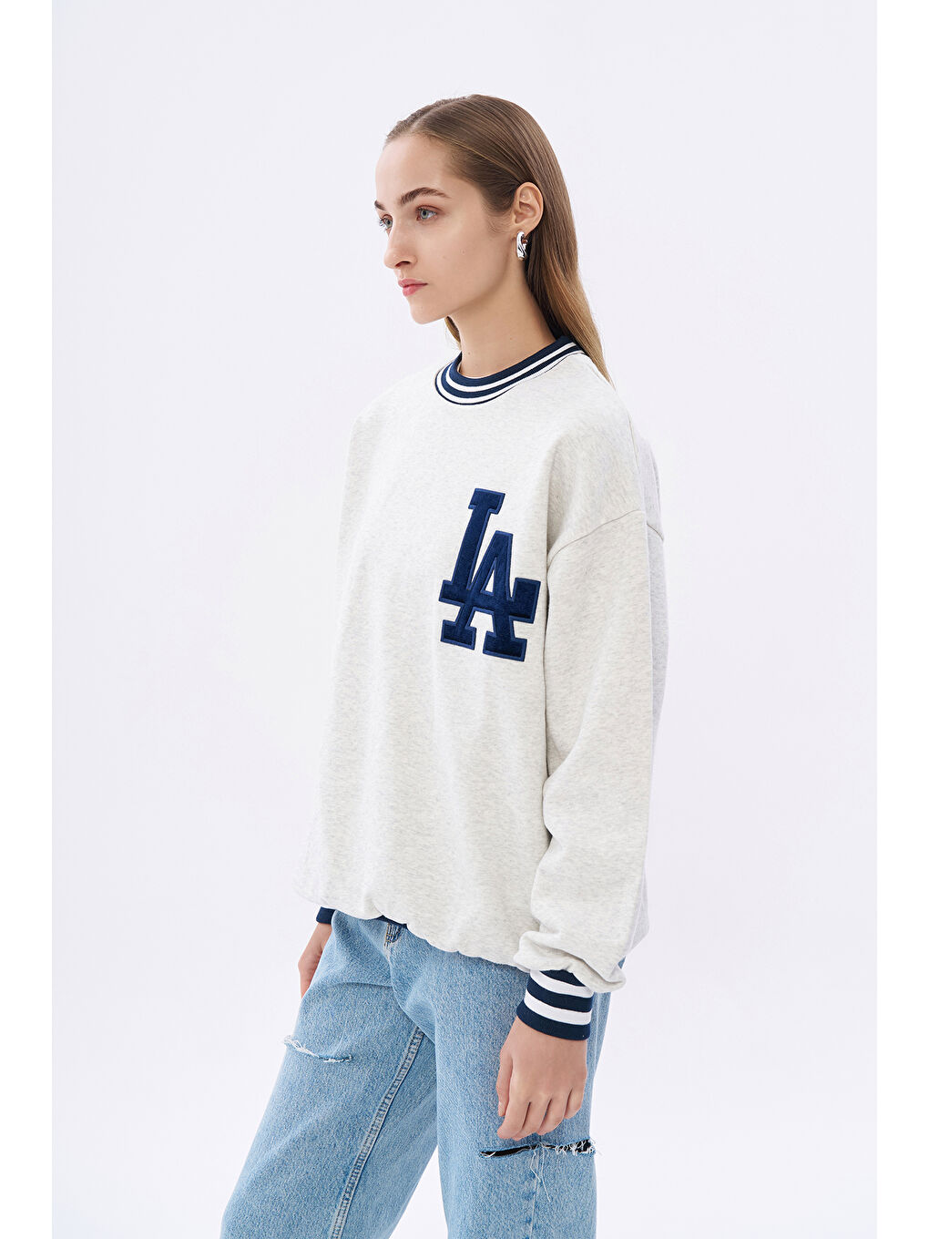 QUZU Biye Detaylı Baskılı Oversize Sweatshirt Gri - 3