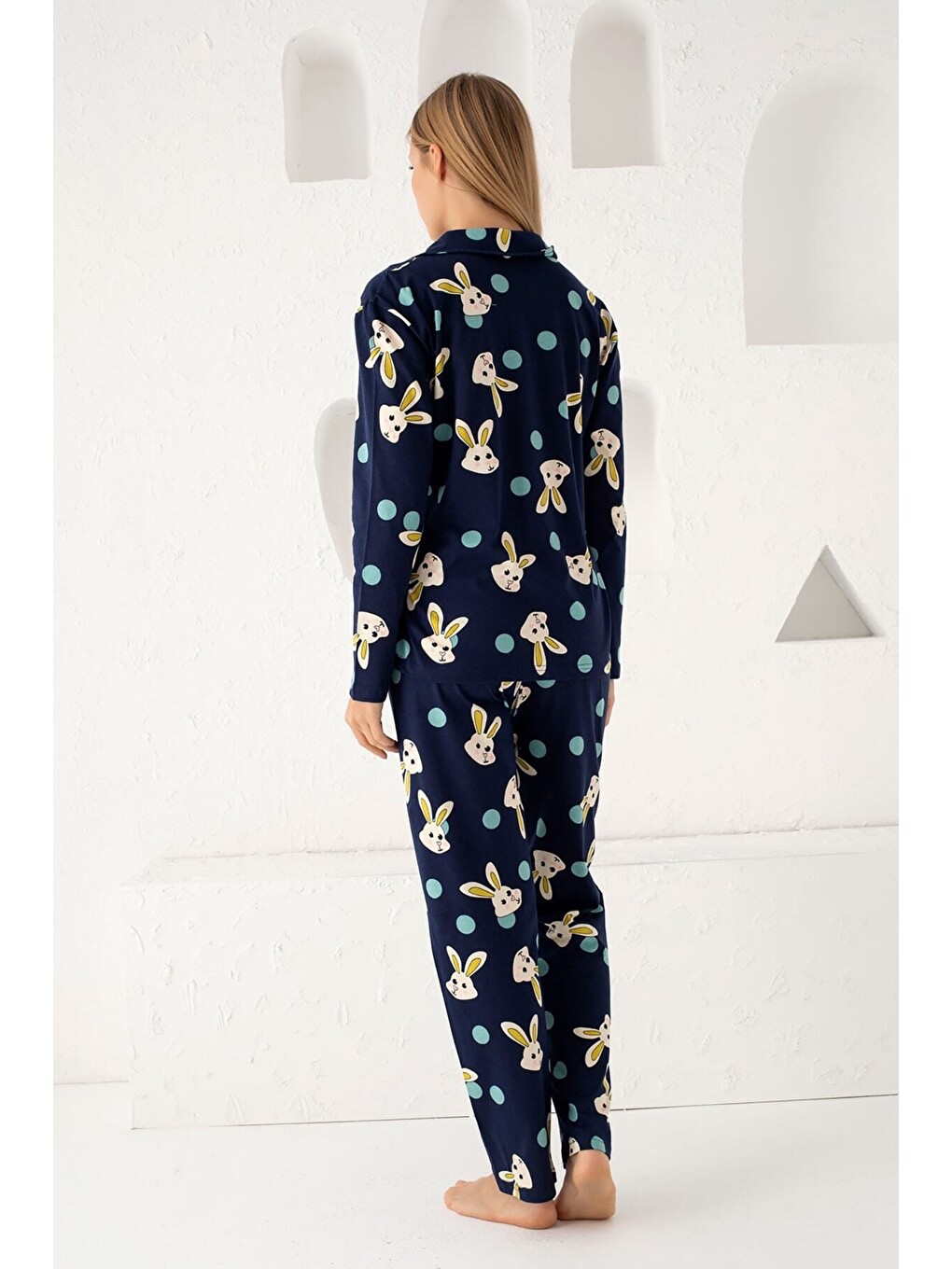 Lacivert Pamuklu Düğmeli Pijama Takım-5