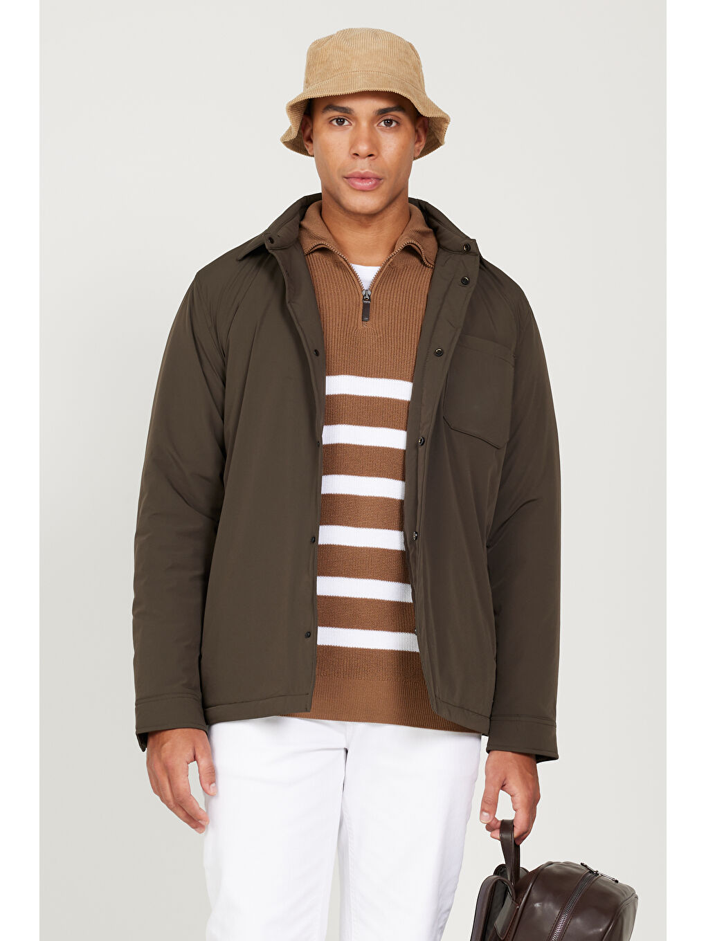 Erkek Haki Standart Fit Normal Kesim Gömlek Yaka Mont