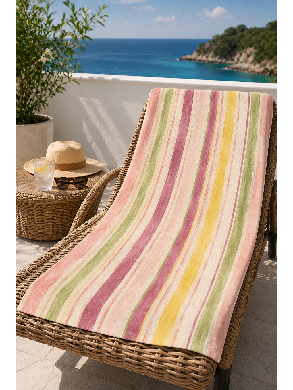 Pembe Pastel Suluboya Şerit Desenli 70x150 Plaj Havlusu-3