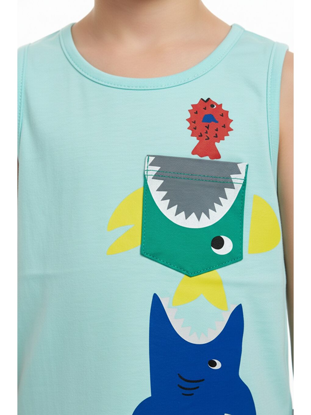 Yeşil Erkek Çocuk Cepli Balık Baskılı Atlet-1