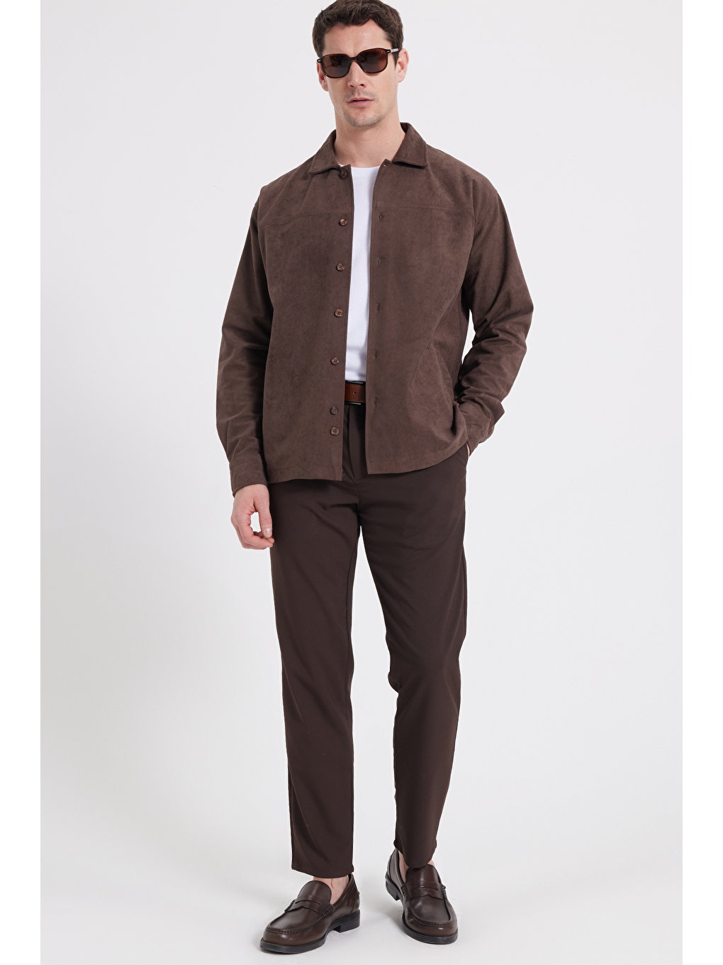 Erkek Relax Fit Rahat Kesim Düz Süet Yan Cepli Kahverengi Ceket Gömlek-1