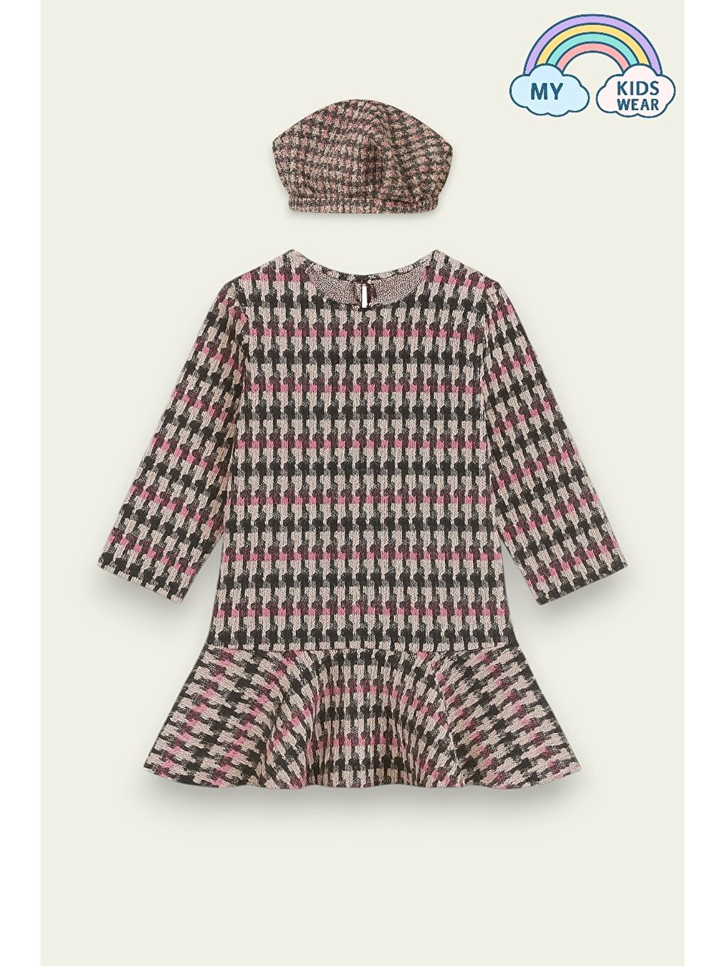 Pembe Kız Çocuk Desenli Kışlık Elbise ve Şapka Takım 3-12 Yaş 12263
