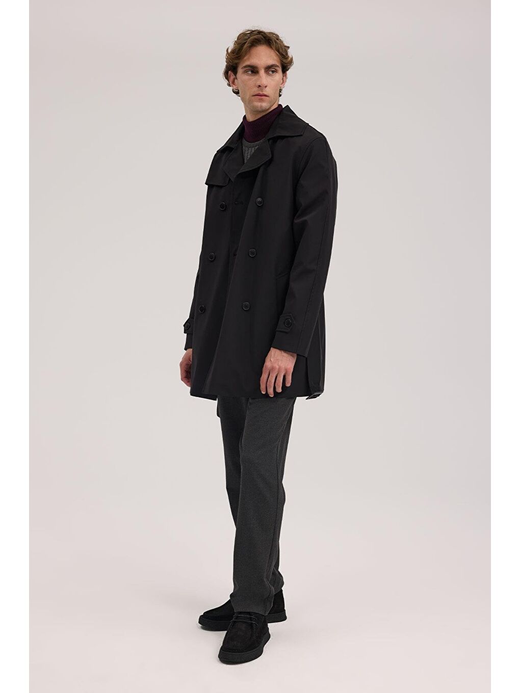 Siyah Comfort Fit Kruvaze Kemerli Trençkot-1