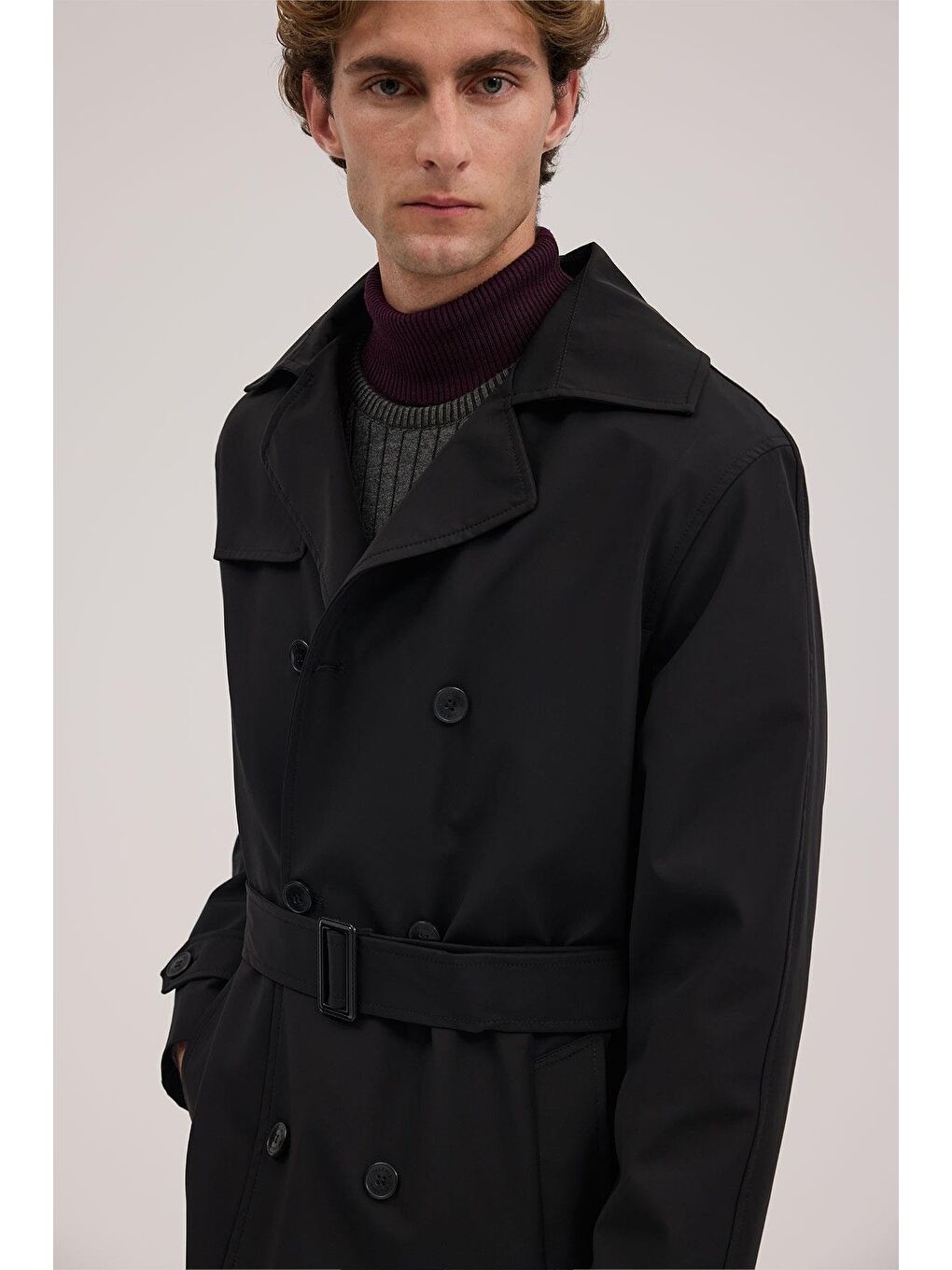 Siyah Comfort Fit Kruvaze Kemerli Trençkot-2