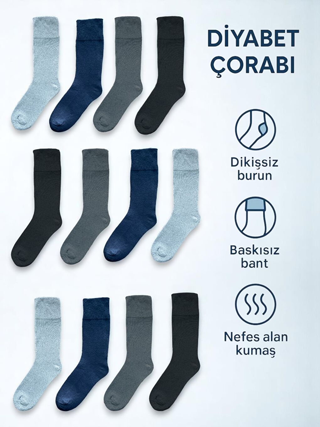 Karışık 12'li Erkek Pamuklu Diyabet Hastaları İçin Özel Tasarım Dikişsiz Yumuşak Yıkamalı Kokulu Soket Çorap