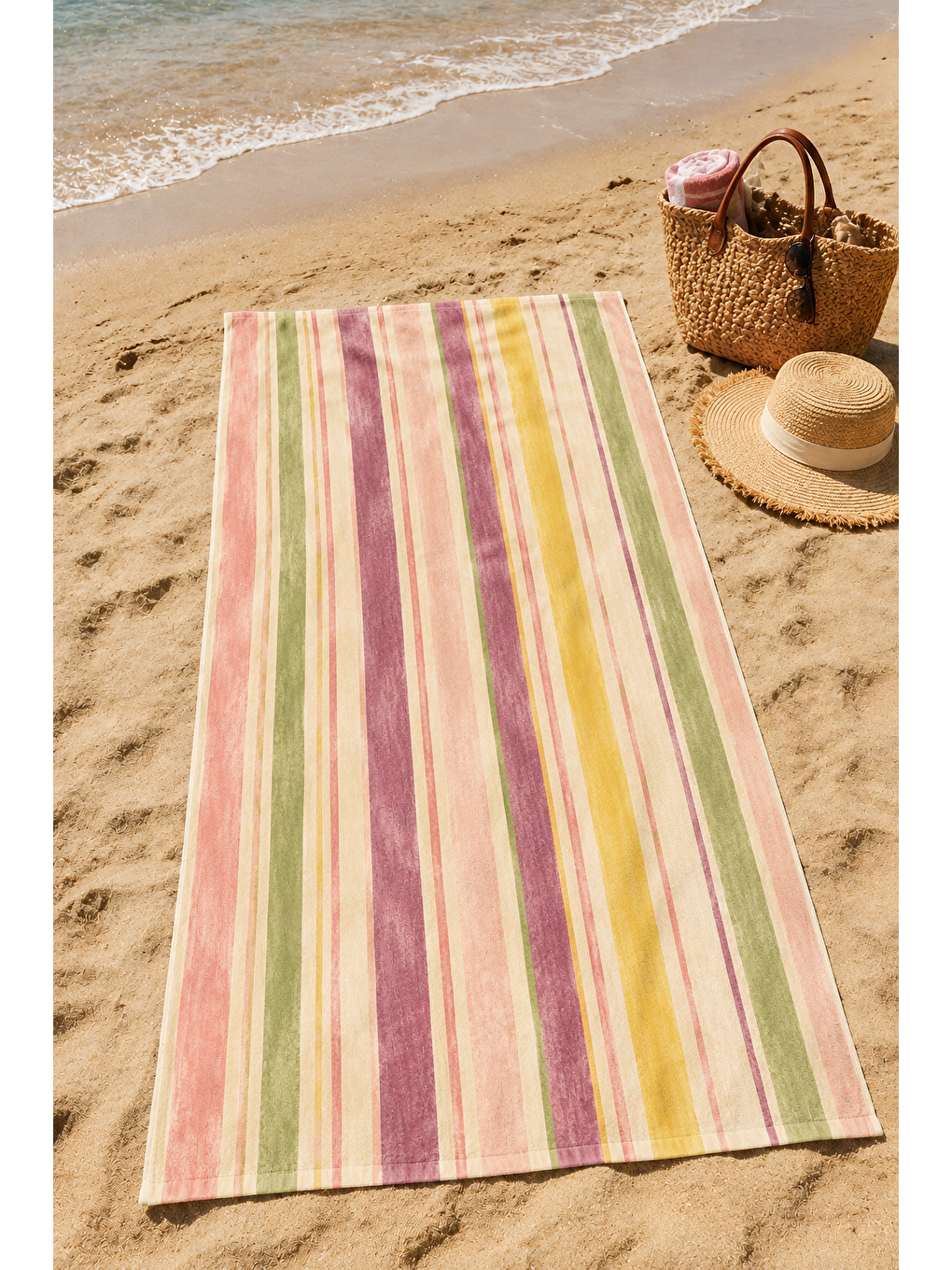 Pembe Pastel Suluboya Şerit Desenli 70x150 Plaj Havlusu-4