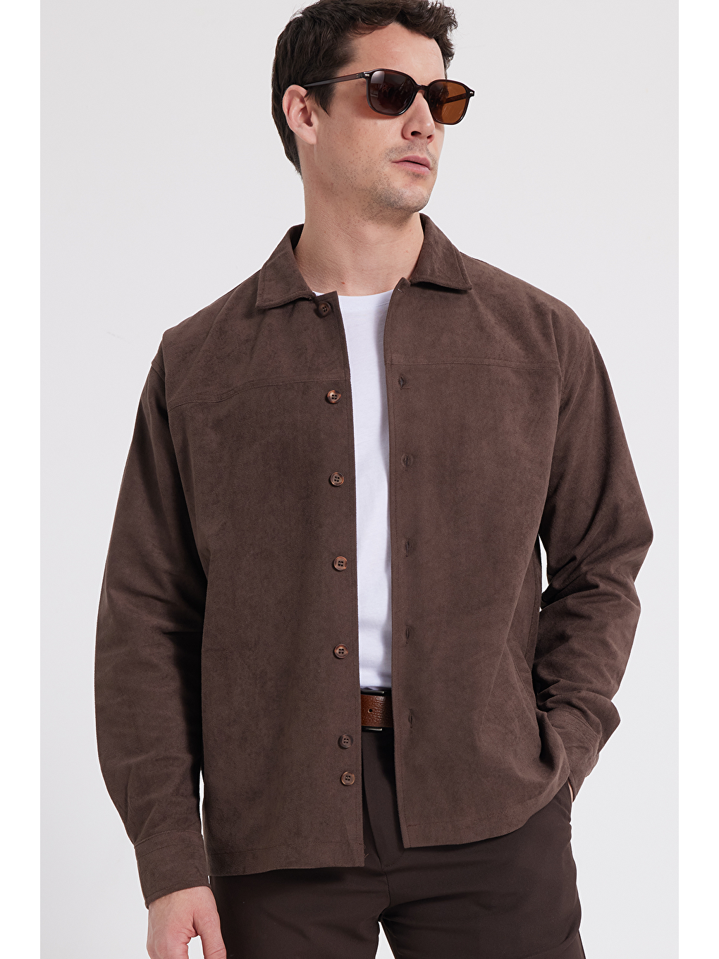 Erkek Relax Fit Rahat Kesim Düz Süet Yan Cepli Kahverengi Ceket Gömlek-5