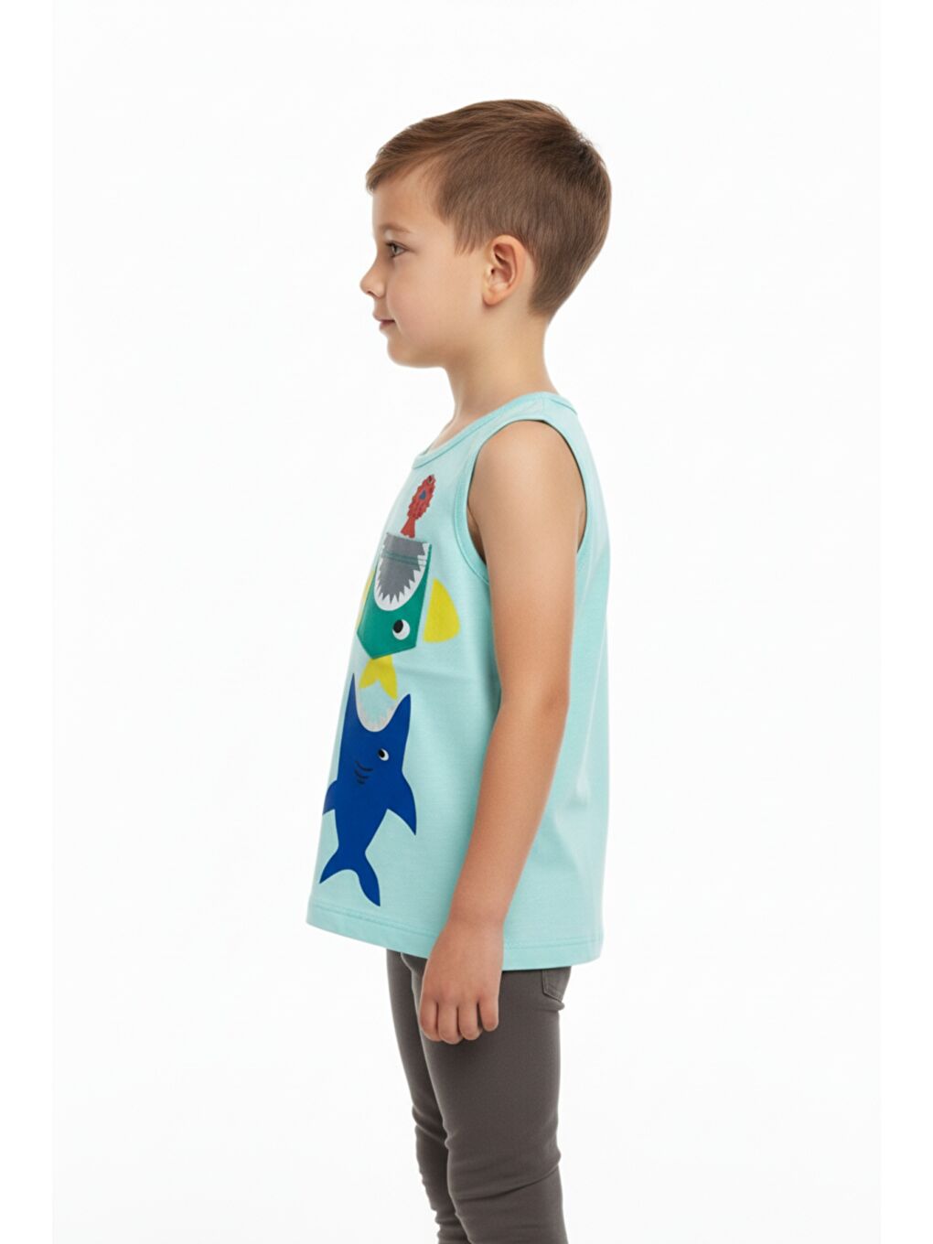 Yeşil Erkek Çocuk Cepli Balık Baskılı Atlet-4