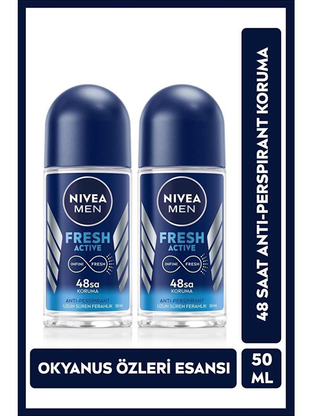 NIVEA Şeffaf Men Fresh Active Erkek Roll On Deodorant 50 ml x2 Adet, 48 Saat Anti-Perspirant Koruma