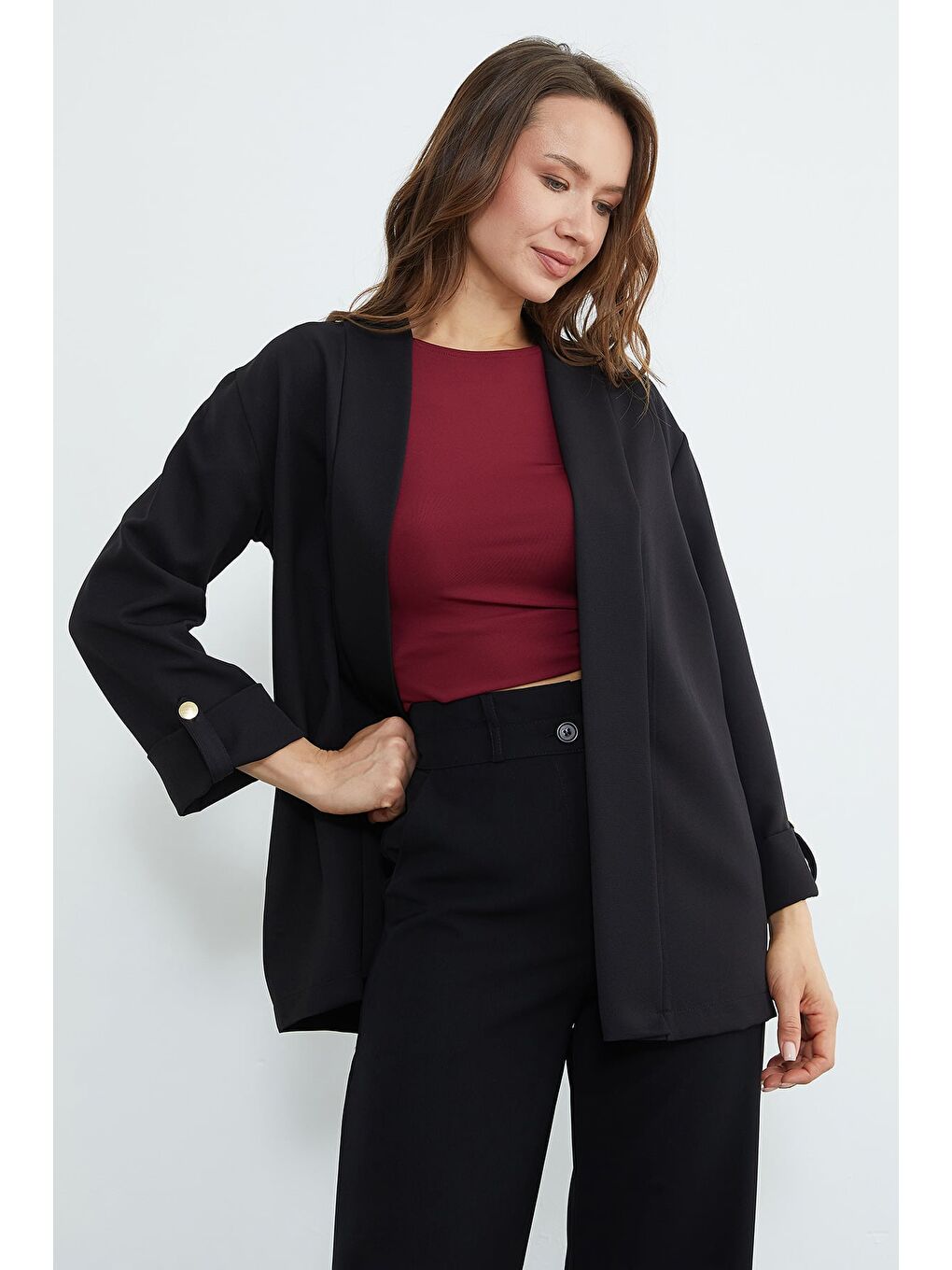 Siyah Kolu Katlı Şal Yaka Blazer Ceket