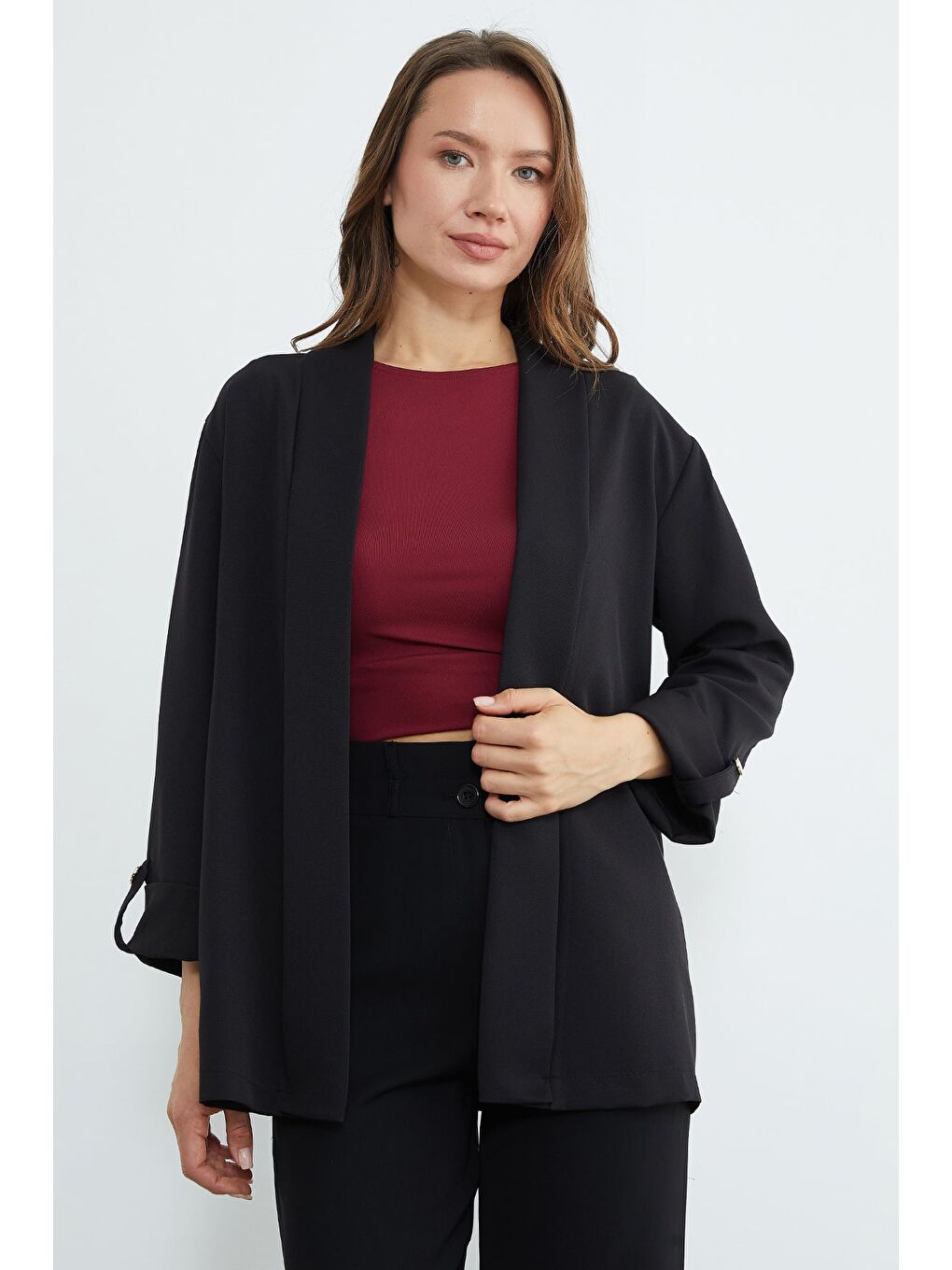 Siyah Kolu Katlı Şal Yaka Blazer Ceket-1