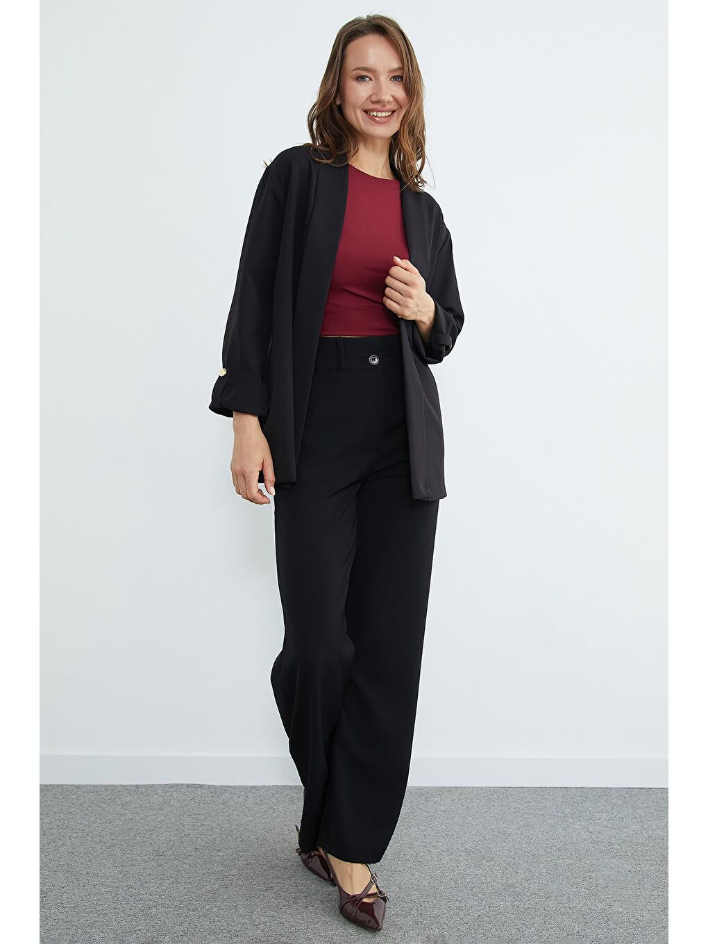 Siyah Kolu Katlı Şal Yaka Blazer Ceket-2