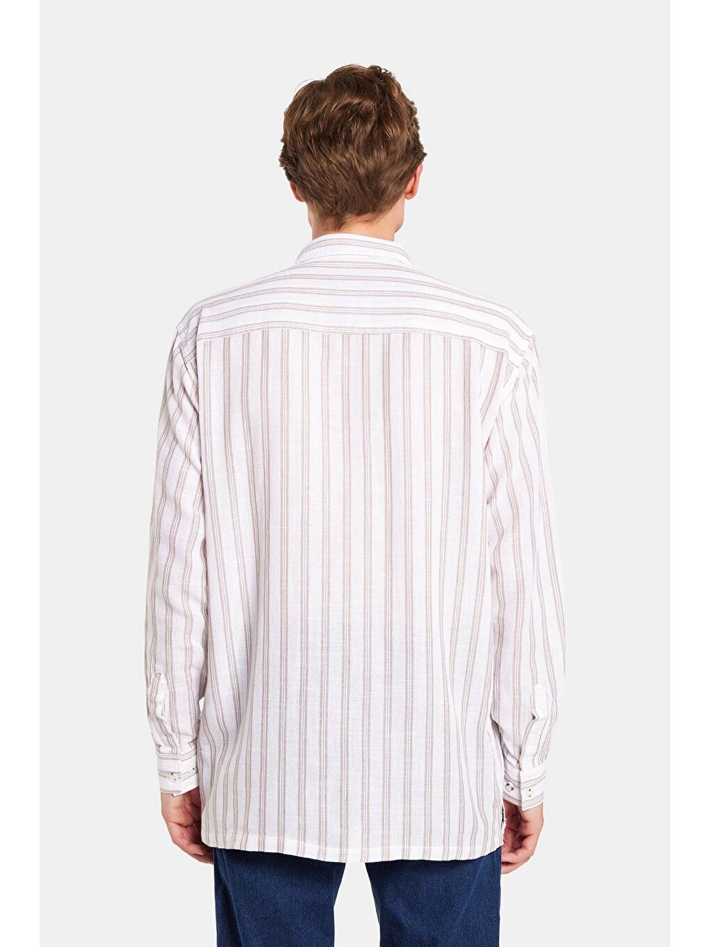 Karışık Relax Fit Oversize Dökümlü Rahat Kesim Çizgili Keten Spor Erkek Gömlek-4