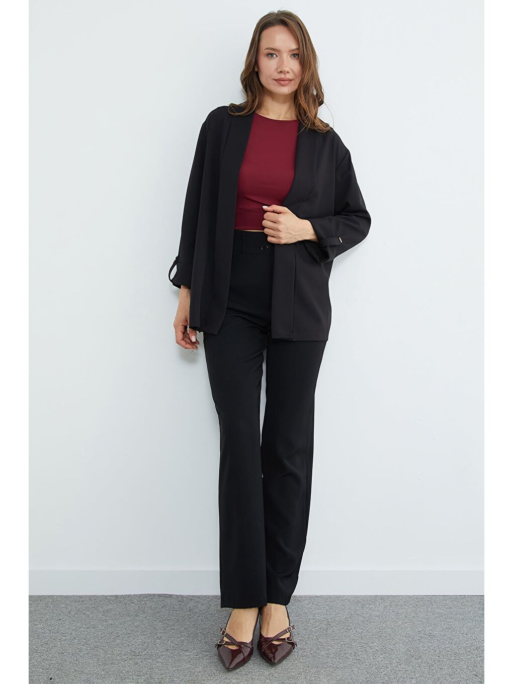 Siyah Kolu Katlı Şal Yaka Blazer Ceket-3