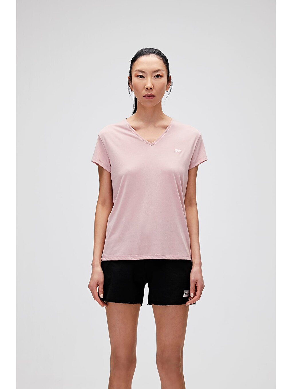Violet V-neck T-shirt Pudra Pembe Basic Kadın Tişört