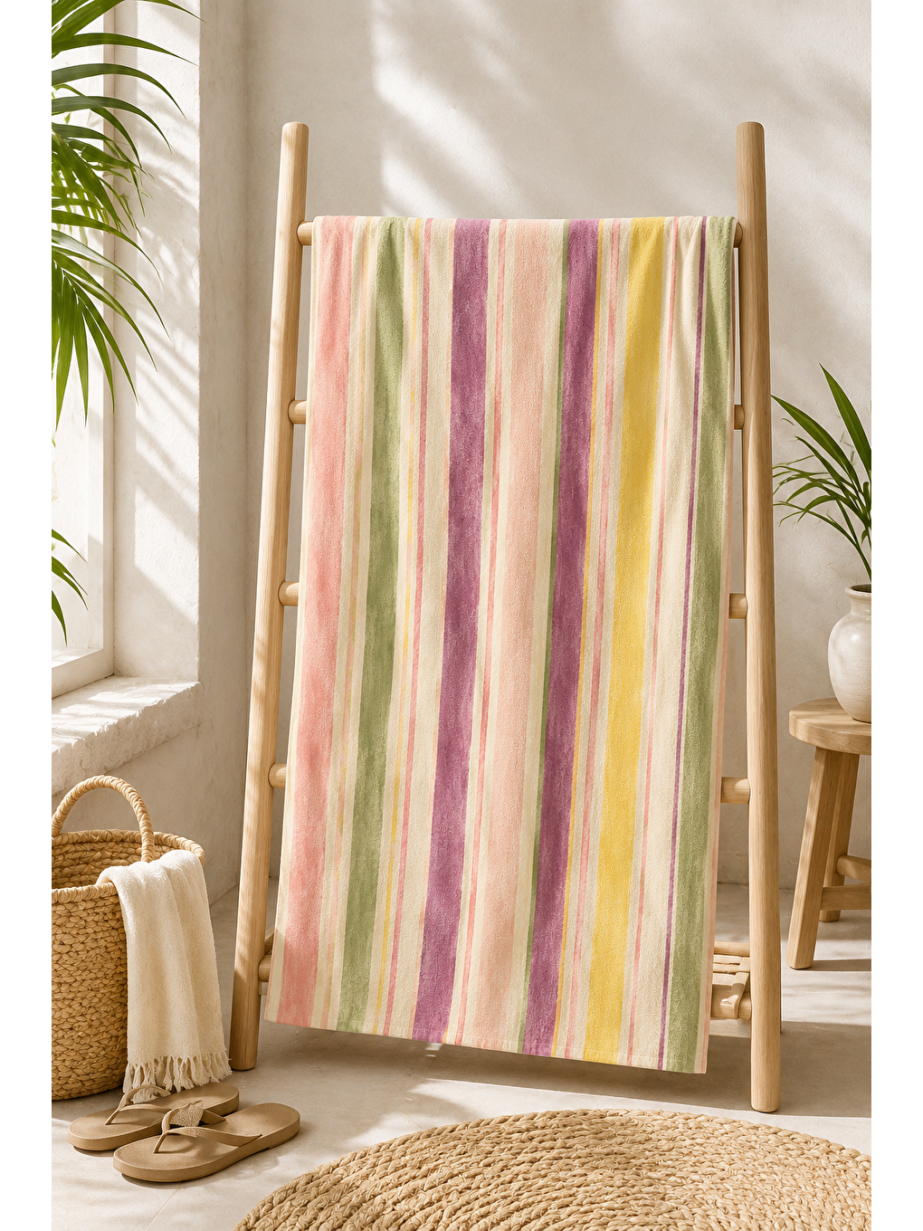 Pembe Pastel Suluboya Şerit Desenli 70x150 Plaj Havlusu-6
