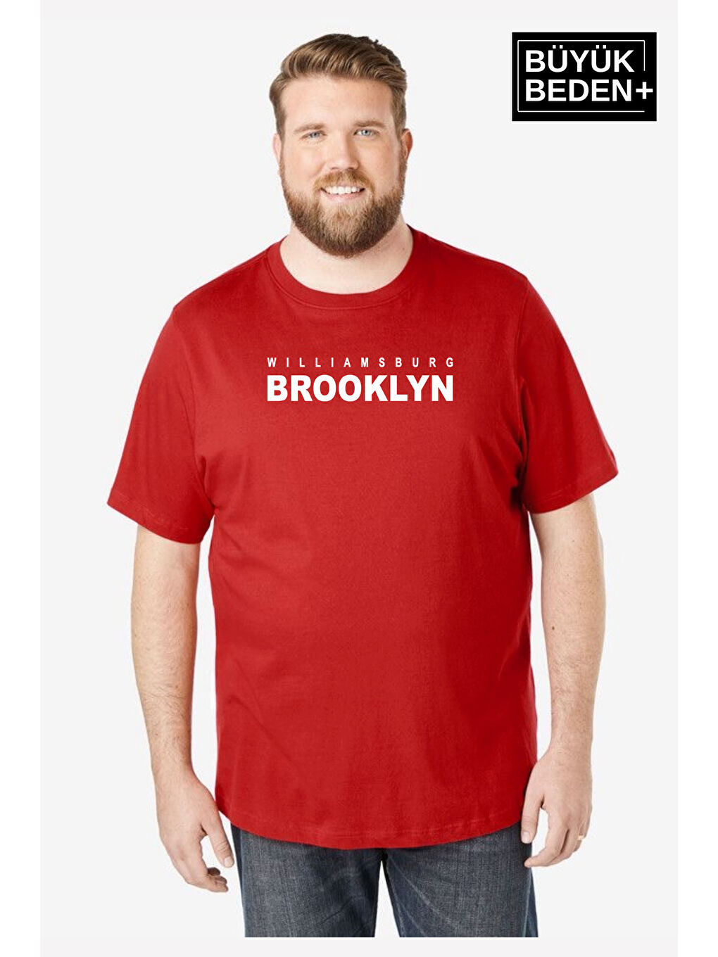 Kırmızı Erkek Büyük Beden Willams.Brooklyn Baskılı Bisiklet Yaka Tişört SPR25BTS15